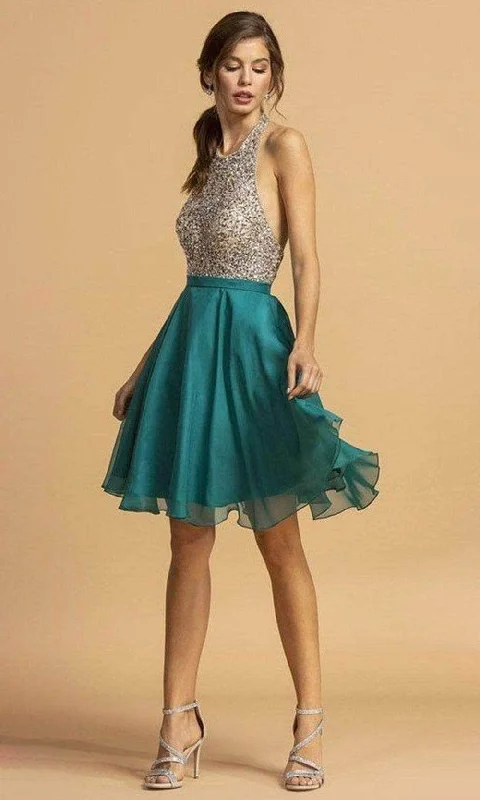 Aspeed Design - Bejeweled Halter A-Line Cocktail Dress S2140 - 1 pc Teal In Size XS Available