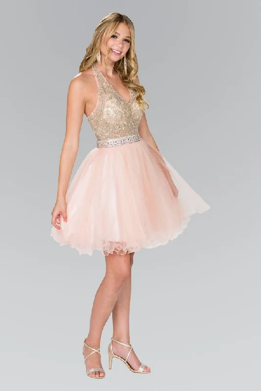 Elizabeth K - GS2382 Gold Applique Halter V-neck Tulle A-line Dress