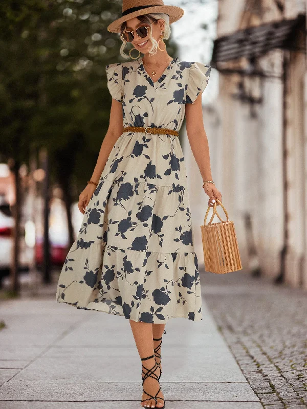 Graceful Stylish V-neck Printed Flying Sleeves Dresses