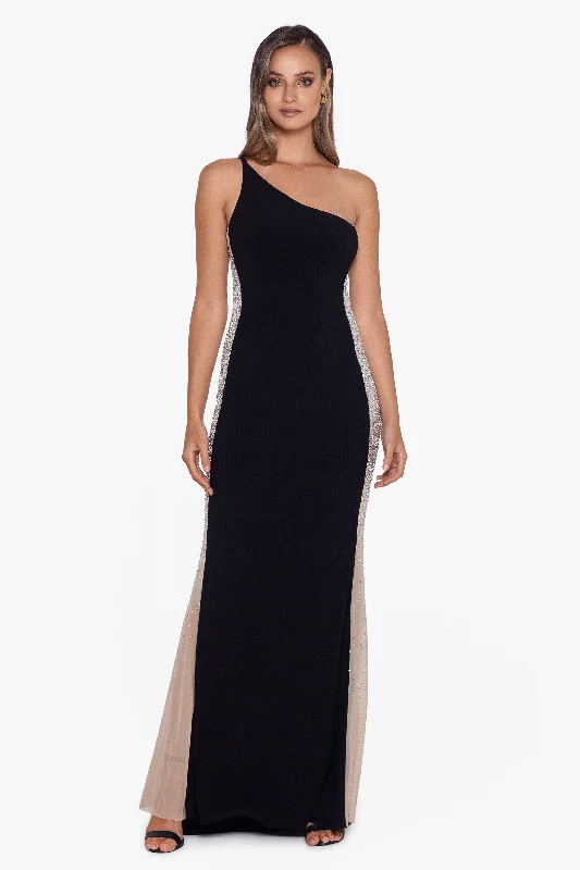 ""Kate"" Long One Shoulder Side Beaded Dress