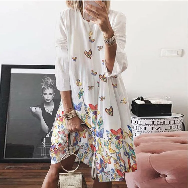 Women's Large Autumn Digital Printed Round Neck Long Dresses